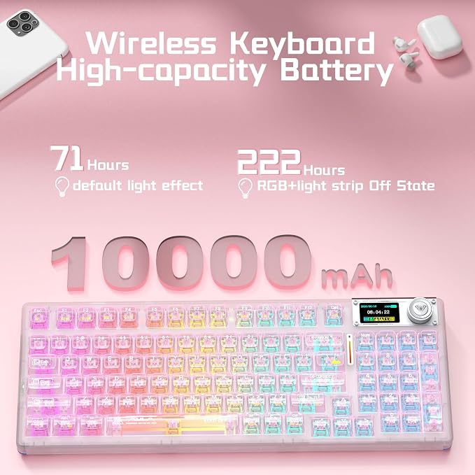 Aula F98Pro V3 Wireless Mechanical Gaming Clear Keyboard with Screen & Knob | Triple-Mode Hot Swappable, Gasket Mount Linear Switches, Clear Keycaps RGB Backlit, TFT Screen 10000mAh Battery for PC/Office - Image 8