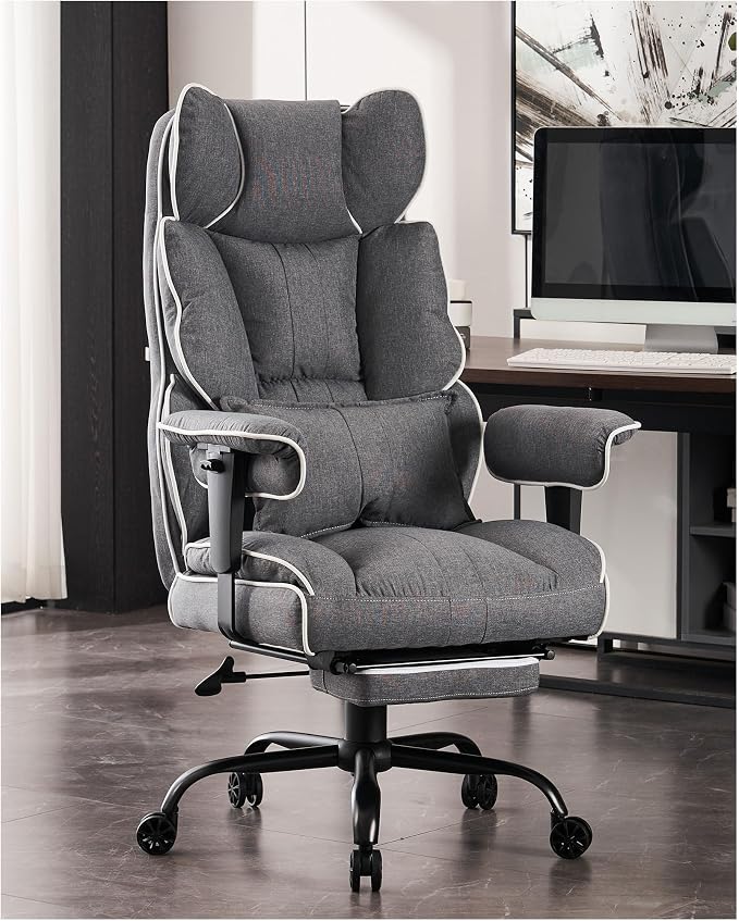 Efomao Fabric Office Chair, Big and Tall Office Chair 400 lb Weight Capacity, High Back Executive Office Chair with Foot Rest, Ergonomic Office Chair for Back Pain Relief, Gray | 400lbs support, 135° recline, dual-layer foam cushion, 23.5" seat & footrest by OFFICECHAIR