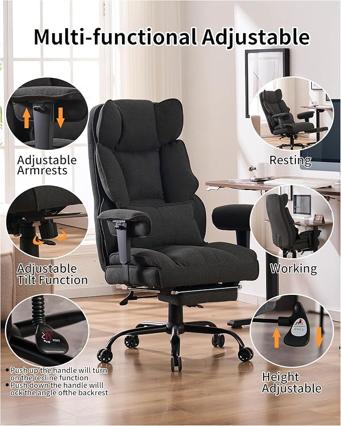 Efomao Fabric Office Chair, Big and Tall Office Chair 400 lb Weight Capacity, High Back Executive Office Chair with Foot Rest, Ergonomic Office Chair for Back Pain Relief, Dark Grey | 400lbs support, 135° recline, dual-layer foam cushion, 23.5" seat & ... - Image 3