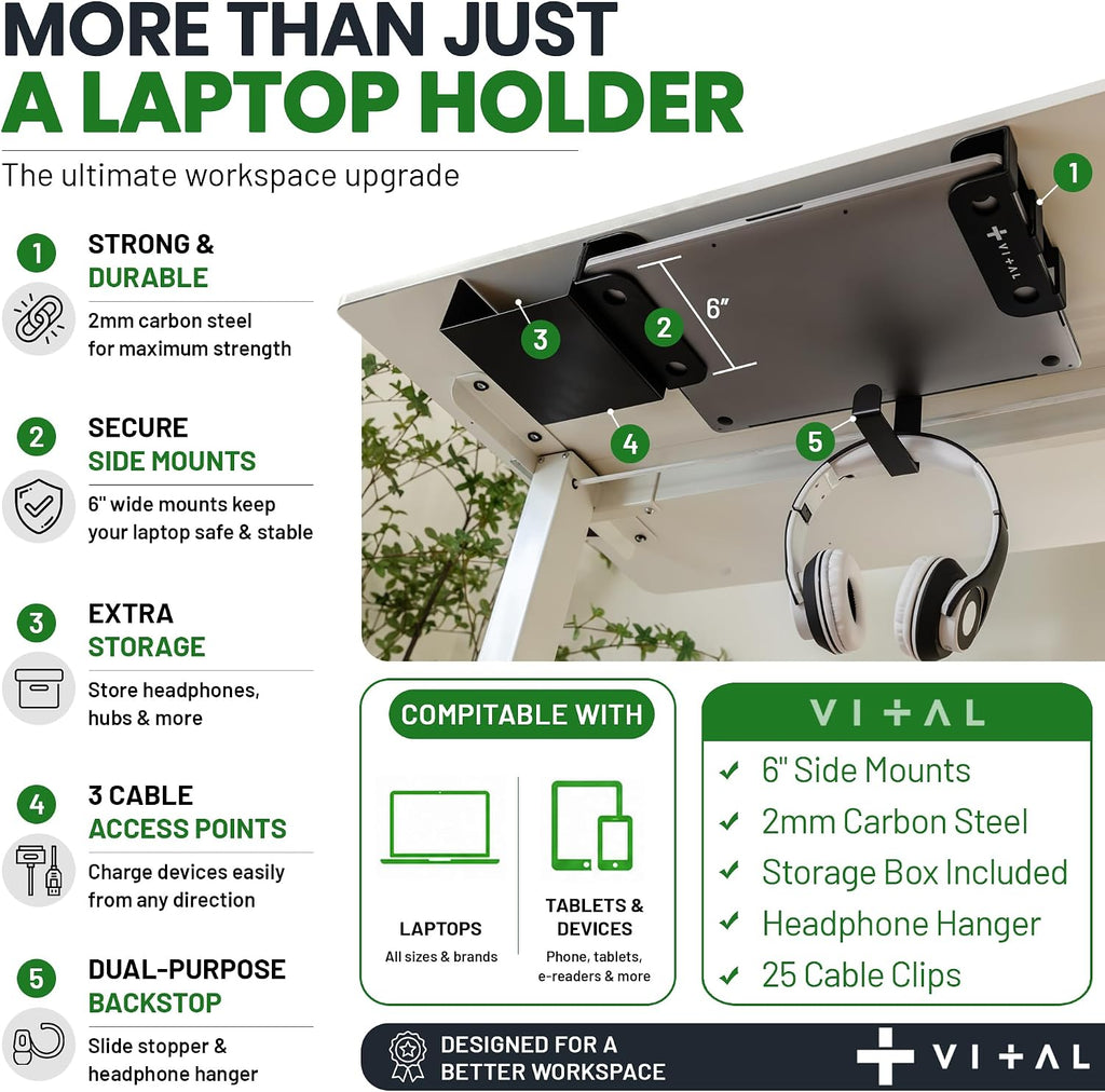 VI+AL Under Desk Laptop Mount - Hidden Metal Shelf with Side Storage, Hook & Cable Organizer - Installs with Tape & Screws - Fits Devices up to 1.7" Thick - Deluxe - Image 3