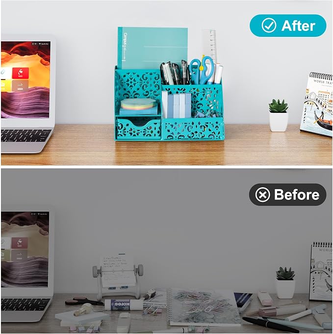 EasyPAG Desk Organizer and Pen Holder for Desk, Mesh Office Supplies Storage Caddy with Drawer for Small Space, Desktop Organizer for Home Office, Dark Teal - Image 5