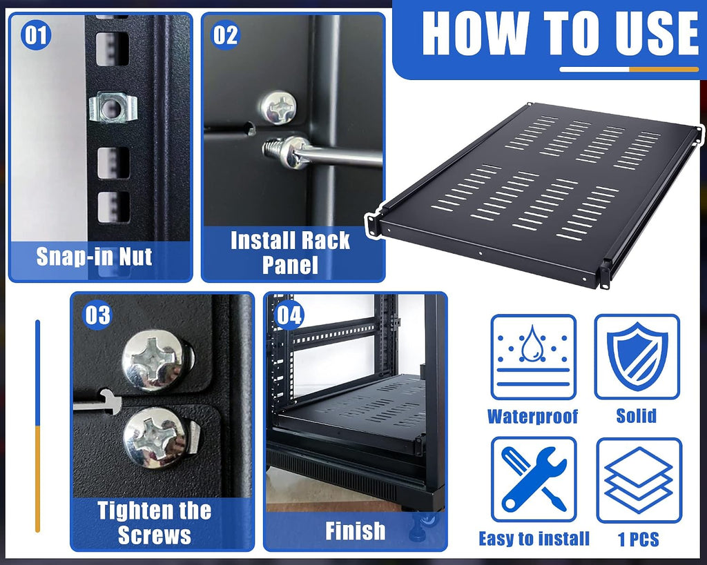1U Adjustable Rack Mount Shelf Vented Server Rack Drawer 175 lbs 27.5 to 38 Inch Adjustable Mounting Depth Blanking Panel Kit Universal Tray for 19 Inch AV/Network Equipment, Black(1 Piece) - Image 4