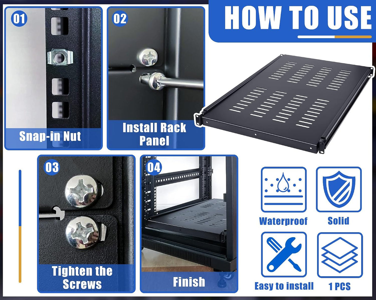 1U Adjustable Rack Mount Shelf Vented Server Rack Drawer 175 lbs 27.5 to 38 Inch Adjustable Mounting Depth Blanking Panel Kit Universal Tray for 19 Inch AV/Network Equipment, Black(1 Piece) - Image 4