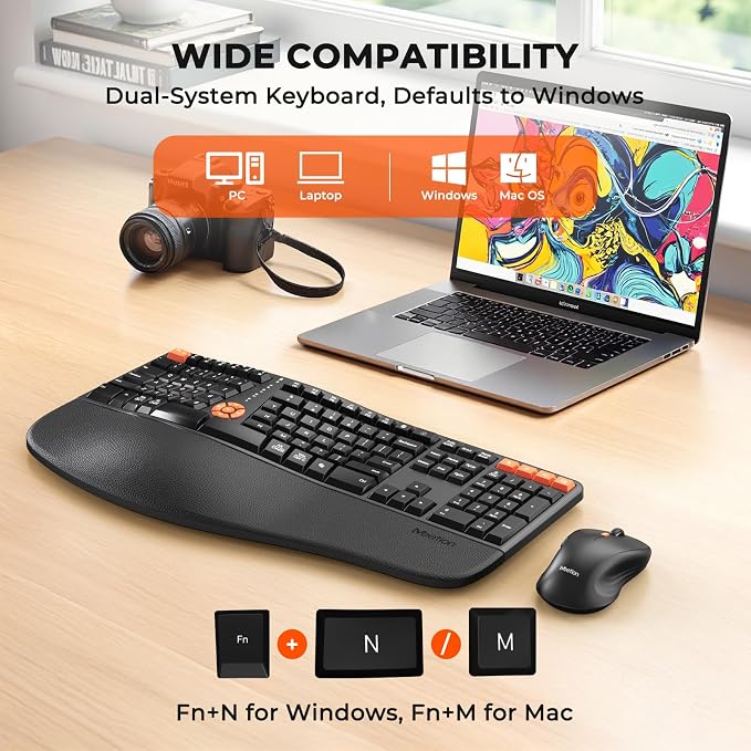 MEETION Ergonomic Wireless Keyboard and Mouse Combo, Split Design | Full-size keyboard with cushioned palm rest, 2.4G & Bluetooth multi-device connection, 4-level DPI mouse for Windows & Mac - Image 5