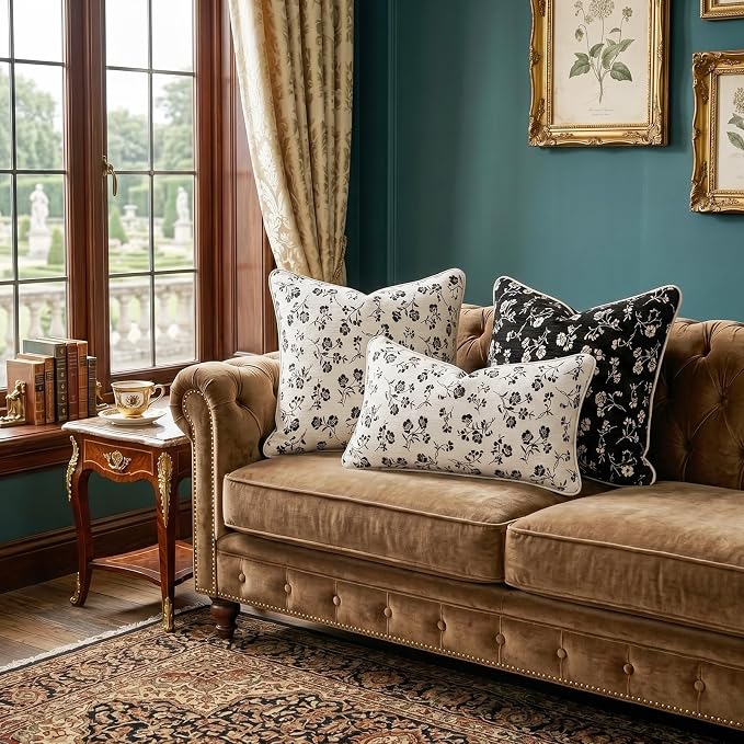 20x20 Chenille Jacquard Throw Pillow Cover, Black Vintage Floral Cushion Case with Piped Edges, Decorative Large Accent for Sofa, Bed & Couch, 2 Pack - Image 7
