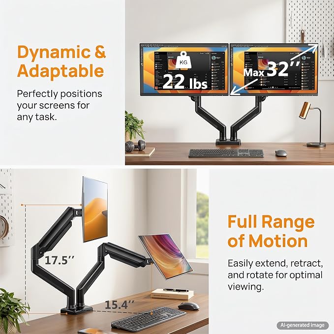 Dual Monitor Stand for 2 Screens up to 32 in, Each Arm Holds 22 lbs, Adjustable Dual Monitor Mount with Gas Spring, Tilt Swivel Rotate, VESA 75/100mm for Home & Office - Image 5