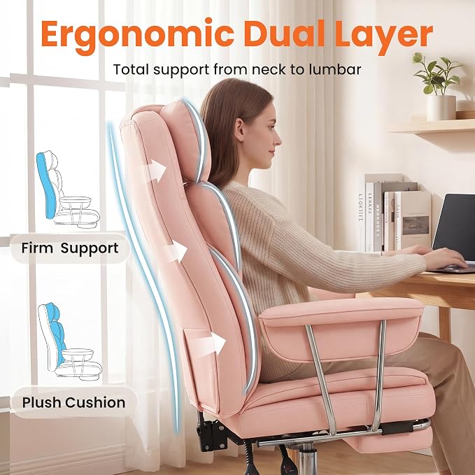 NEO CHAIR Big & Tall Leather Office Chair, High Back, Lumbar Support, Pink | Gaming Chair for Adults and Computer Use, Reclining Office Chair with Foot Rest, Massage, Comfy Design and Heavy Duty Support - Image 5