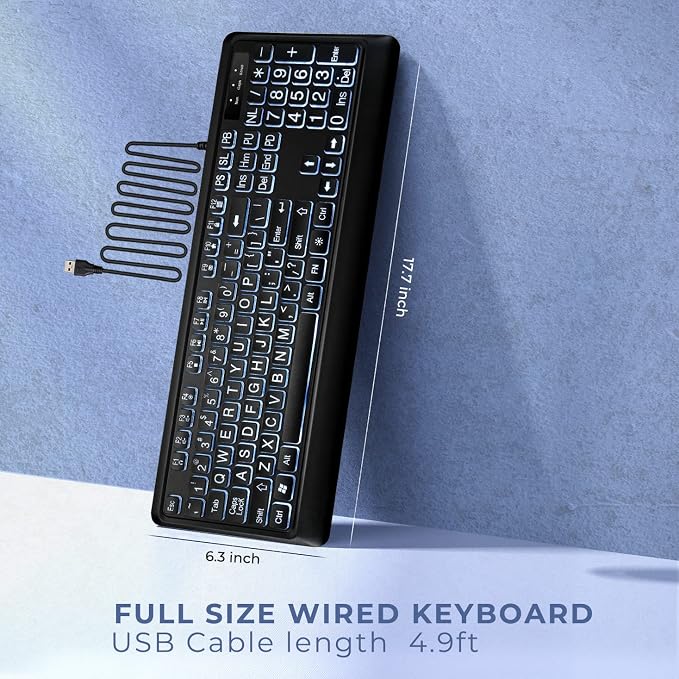 KOPJIPPOM Large Print Backlit Keyboard, USB Wired Computer Keyboard, Full Size Keyboard with White Illuminated LED Compatible for Windows Desktop, Laptop, PC, Gaming, Black - Image 6