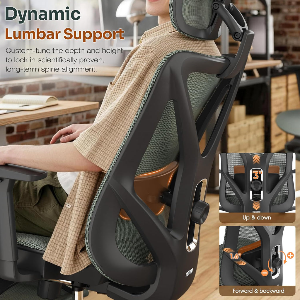 Ergonomic Office Chair with Adjustable Lumbar Support, 3D Armrests & Headrest, 135° Reclining Chair with Footrest & Large Steel Base,300LBS Swivel Desk Chair(GYMN01-JG) - Image 4