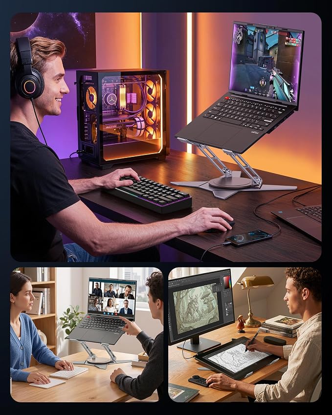 OMOTON Heavy Duty Laptop Stand, 33 lbs Gaming Laptop Riser, 360° Rotating | Aluminum Alloy, 11-17" Gaming Laptop, Height Adjustable, 360° Rotating, Thick Dual Arms, Anti-Slip, Ergonomic, Sturdy - Image 7