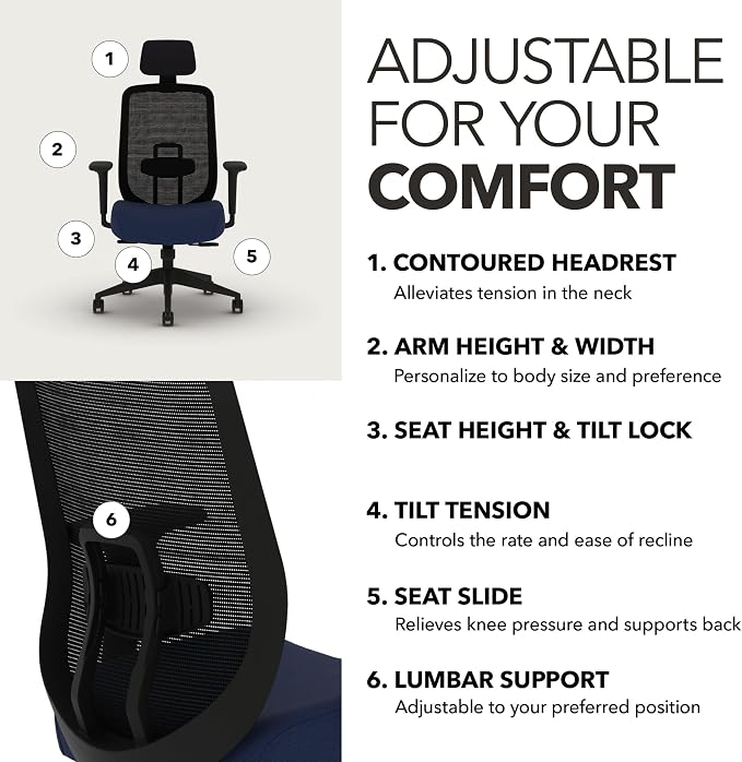 HON Altern Ergonomic Office Chair, Office Desk Computer Chair, Indigo | Mesh desk chair with lumbar support, headrest, seat slide, adjustable arms, computer chair for home office productivity - Image 3