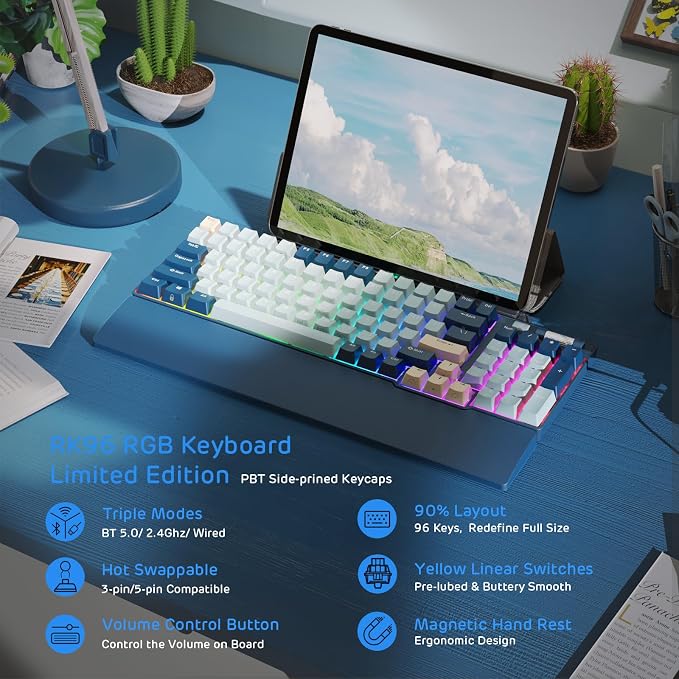RK ROYAL KLUDGE RK96 RGB Wireless Mechanical Gaming Keyboard w/Wrist Rest | 90% 96 Keys Hot Swappable Mechanical Keyboard, 3-Mode BT5.0/2.4G/USB-C, Volume Control, Software Support & Massive Battery - Image 2