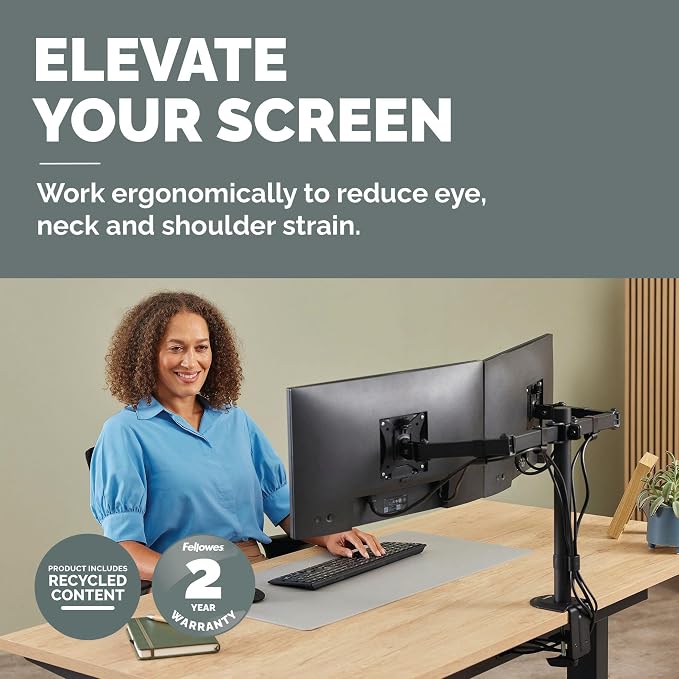 Fellowes Everyday Adjustable Dual Monitor Arm – Holds Two Screens up to 32" (inch) Weighing 19.84 lbs Each, Tilt, Swivel, Rotate, VESA 75/100, Clamp or Grommet Mount, Cable Management - Image 2