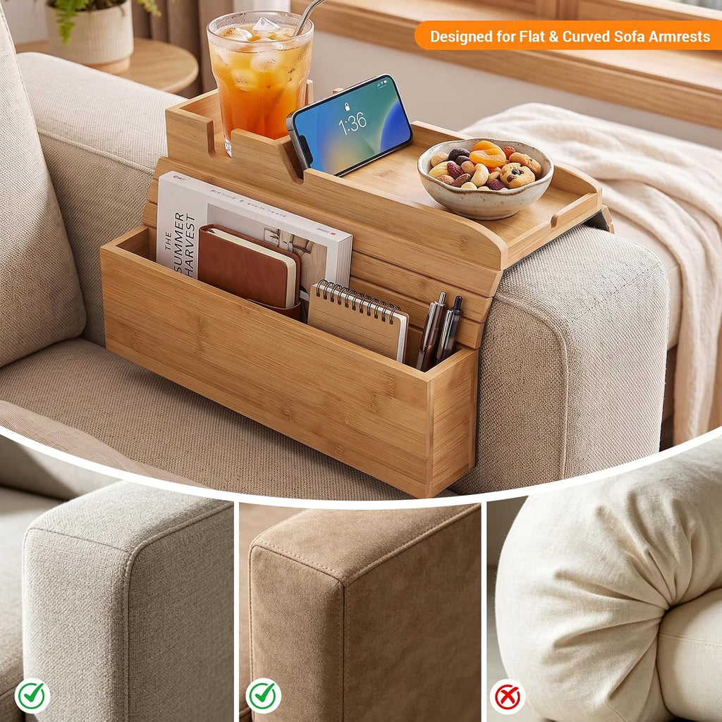 Bamboo Couch Armrest Tray with Storage Caddy for Drinks TV Remote Snacks - Image 3