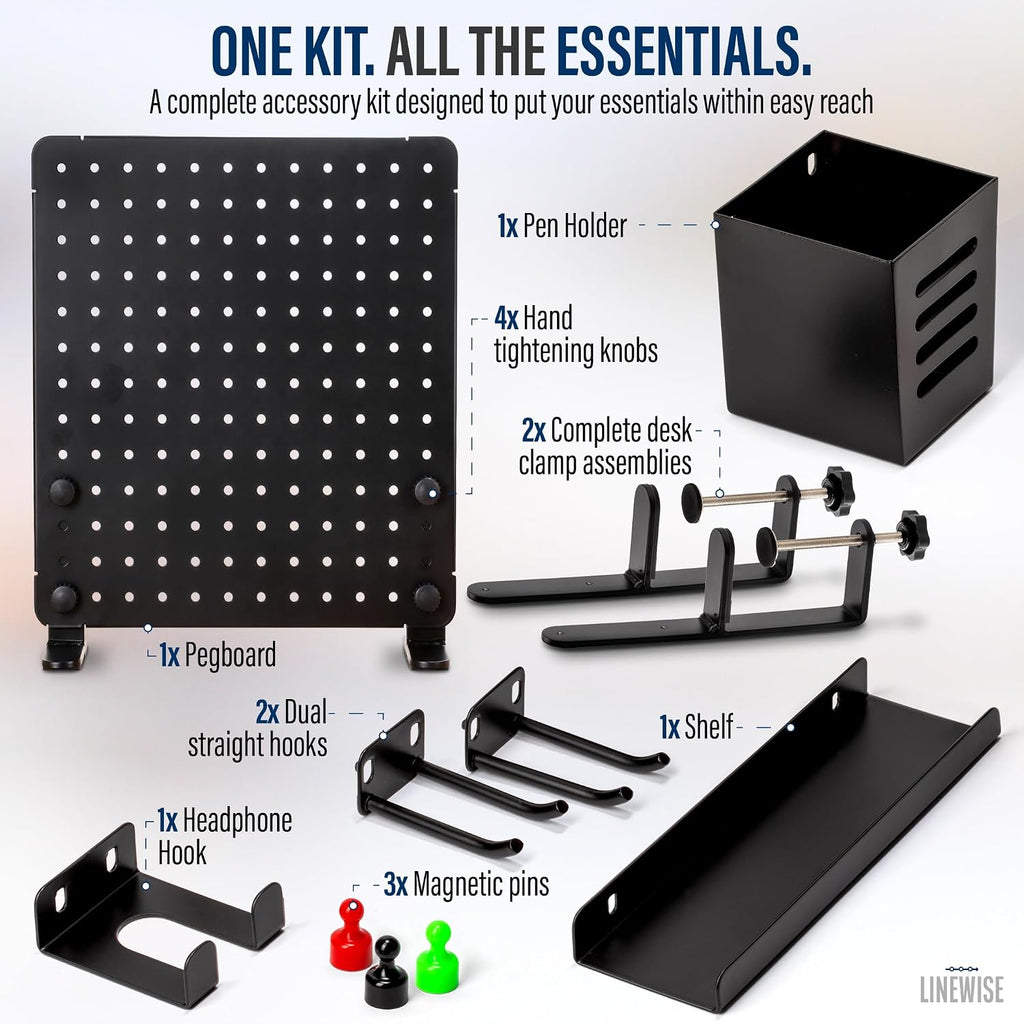 Clamp On Desk Pegboard, Desk Organizer, Tool-Free, Black Steel LINEWISE - Image 4