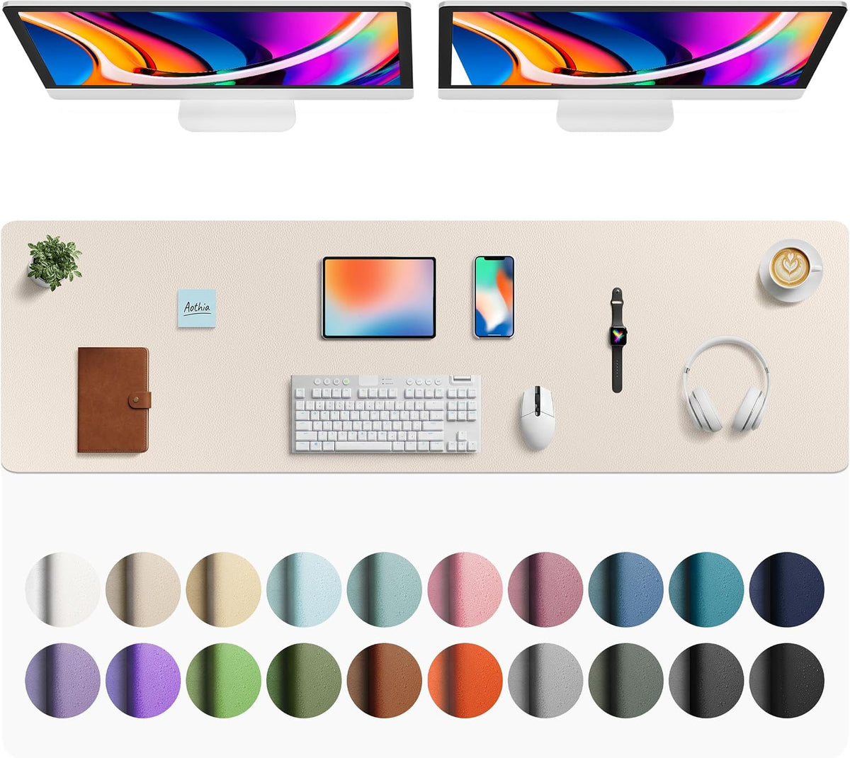 Aothia Faux Leather Desk Mat - Large Mouse Pad, Non-Slip PU Leather Blotter, Waterproof Writing Surface for Office and Home (Eggshell, 63" x 17") by Aothia