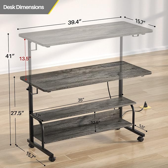 39" Rolling Standing Desk with Charging Station for Couch Bed | Height Adjust 27.5-41", 2 AC/3 USB, Mobile 4 Lockable Wheels, 2-tier Shelves Hook, Safe Corner Fast Assembly - Image 8
