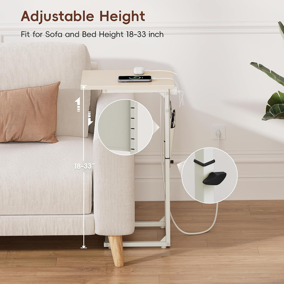C Shaped End Table with Charging Station, Adjustable Height Side Table for Couch, Small Sofa Table C Table End Table, Slide Under Couch Table TV Tray Arm Table for Living Room, Bedroom, Cream - Image 4