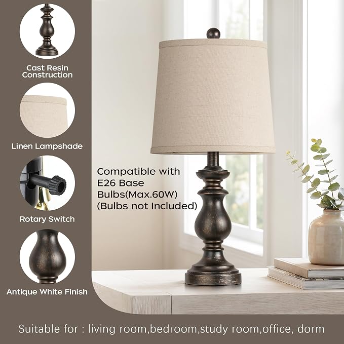 Traditional Table Lamp Set of 2, Rustic Farmhouse Table Lamps for Living Room Bedroom, 22" Bedside Desk Lamps Vintage Nightstand Lamps with Linen Shades, Oil Rubbed Bronze - Image 3