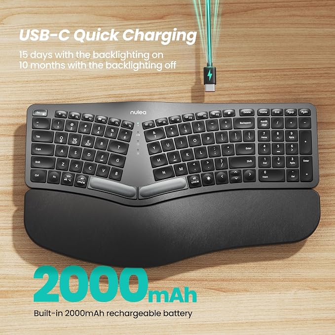 Nulea RT05 Wireless Ergonomic Keyboard, Split Keyboard with Wrist Rest, USB-C Charging, 7-Color Backlight, Natural Typing, Bluetooth and USB Connectivity, Compatible with Windows,Mac - Image 3