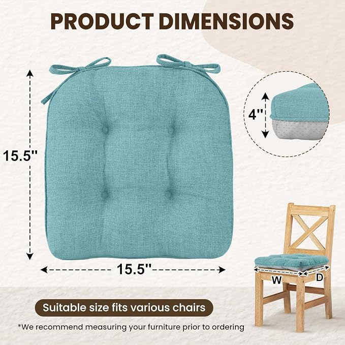 downluxe Indoor Chair Cushions for Dining Chairs, Tufted Overstuffed Textured Kitchen Chair Pads with Ties and Non-Slip Backing, 15.5" x 15.5" x 4", Aqua Blue, 4 Pack - Image 2