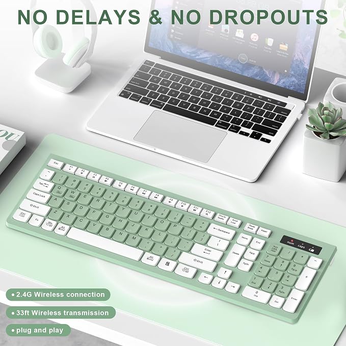 RECCAZR Wireless Keyboard Silent for Office and Home(Avocado Green) | 2.4G Full Size Silent Cordless Keyboard with Tilt Legs for Windows/Mac OS/Desktop/Laptop/PC - Image 2