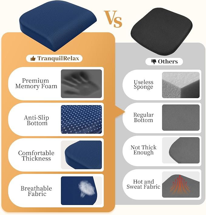 TranquilRelax XL Memory Foam Seat Cushion for Office Chair, 3.35-Inch, Blue | Medium-firm Support for Long Sitting, Washable Mesh Cover, Non-slip Base, Perfect for Car Seats & Short Drivers - Image 4