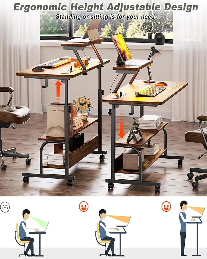 Height Adjustable Standing Desk with Power Outlets and LED Lights - 32" Manual Stand Up Desk with Monitor Stand and Storage Shelves Small Mobile Rolling Computer Desk Portable Laptop Table, Rustic - Image 4