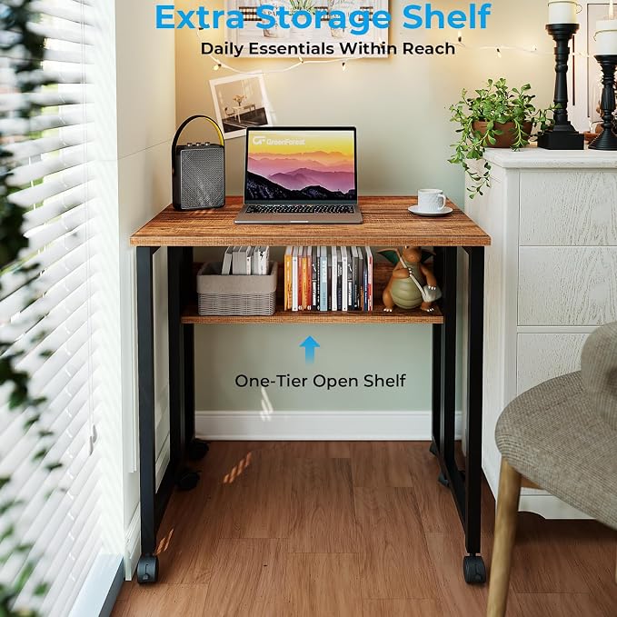 GreenForest Folding Desk with Wheels, 24.8" Rolling Table for Small Spaces | Storage Shelf, Lockable Casters, Compact Portable Workstation, Space-Saving Foldable Sofa Table, Home Office, Mobile, Walnut - Image 5