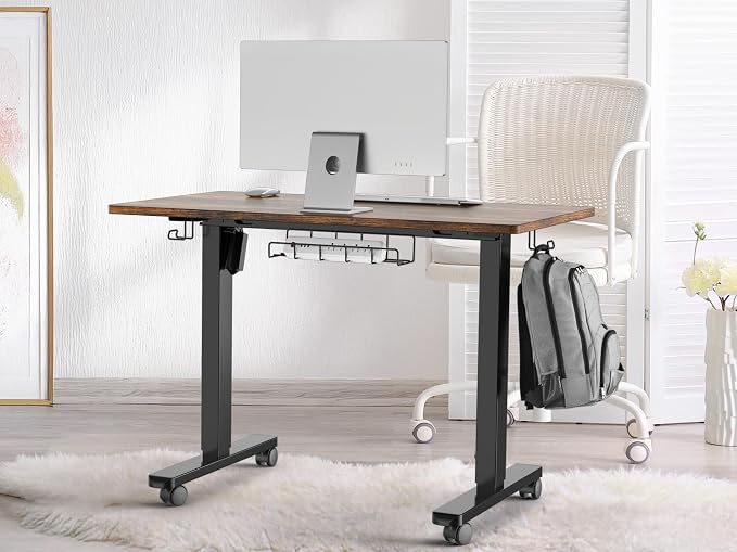 SHW Mobile Electric Height Adjustable Standing Desk w/Drawer, Rustic Brown | 40" Wide Top | w/ Memory Presets and Cable Management | Drawer with adjustable compartments | Hanging Hooks - Image 2