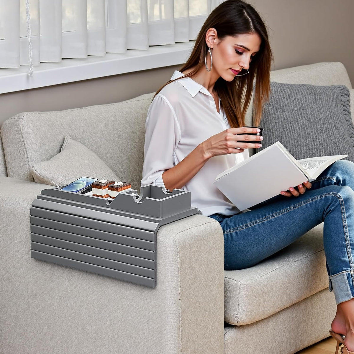 Bamboo Couch Armrest Table with Detachable Cup Holder Tray (Gray) - Image 6