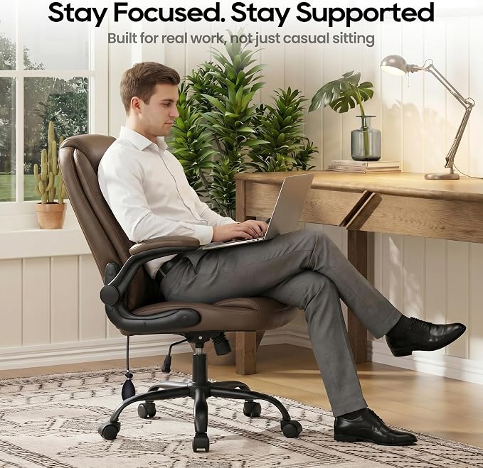 MALOL Leather Office Chair with Adjustable Lumbar Support Set of 2, Brown | Computer Desk Chair with Thick Cushion, Flip-Up Arms and Ergonomic Back, Comfy Executive Office Chair for Home Office Gaming - Image 9