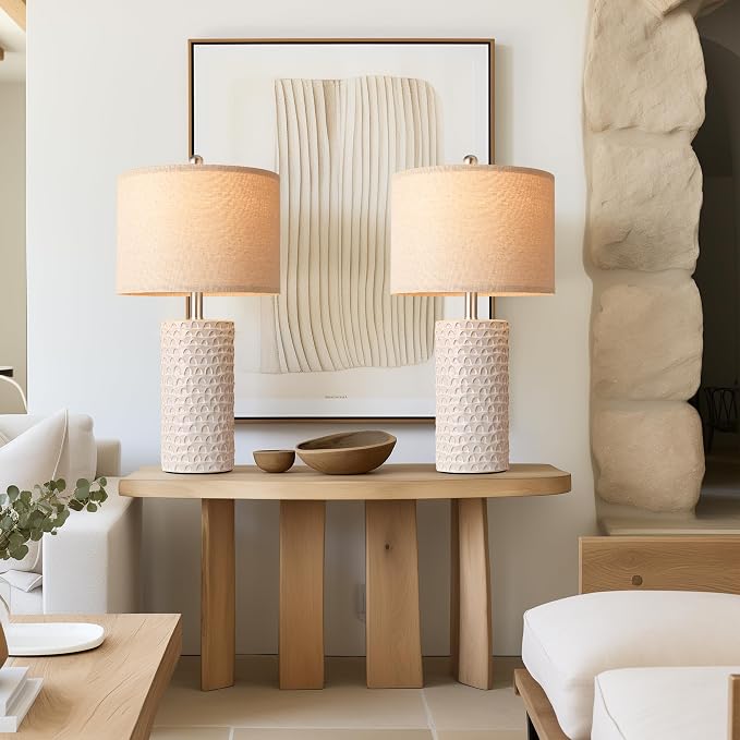 23" Modern Ceramic Table Lamp Set of 2, Table Lamps for Living Room, Rustic Farmhouse Bedside Lamps Nightstand lamp for Bedroom, White Desk Lamp for End Table Home Decor Beige - Image 7