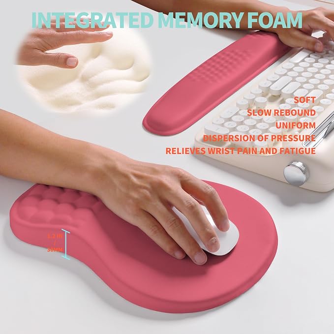 2-in-1 Ergonomic Set, Wave Rise Keyboard Wrist Rest and Massage Bulge Slope Mouse Pad Wrist Support, Cushion Memory Foam Integrated to Relieve Wrist Pain, Muskmelon Pink - Image 4