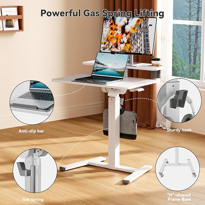 28" Mobile Standing Desk, Tiltable Top with 2-Tier Shelves, White | Pneumatic Rolling Desk, Adjustable Height Computer Workstation, Sit Stand Portable Drafting Table & Laptop Cart on Wheels - Image 7