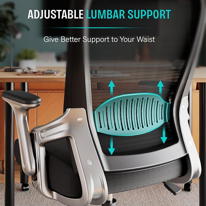SUNNOW Office Chair, Ergonomic Computer Desk Chair, Sturdy Executive Task Chair - Adjustable Lumbar Support, Flip-up Arms, Tilt Function, Comfy Wide Seat, Swivel Mesh Home Office Desk Chairs (Black) - Image 9