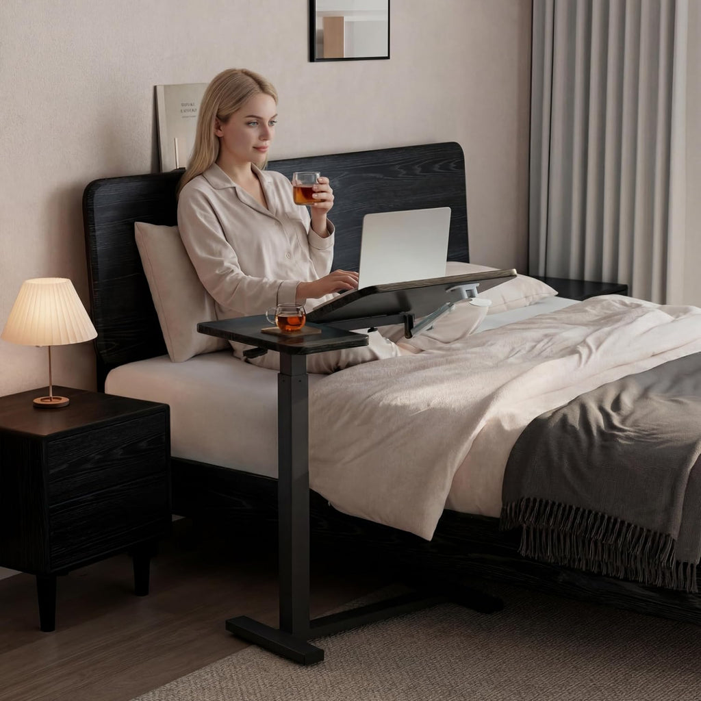 Solid Wood Hospital Bed Table with Wheels，Black - Image 3