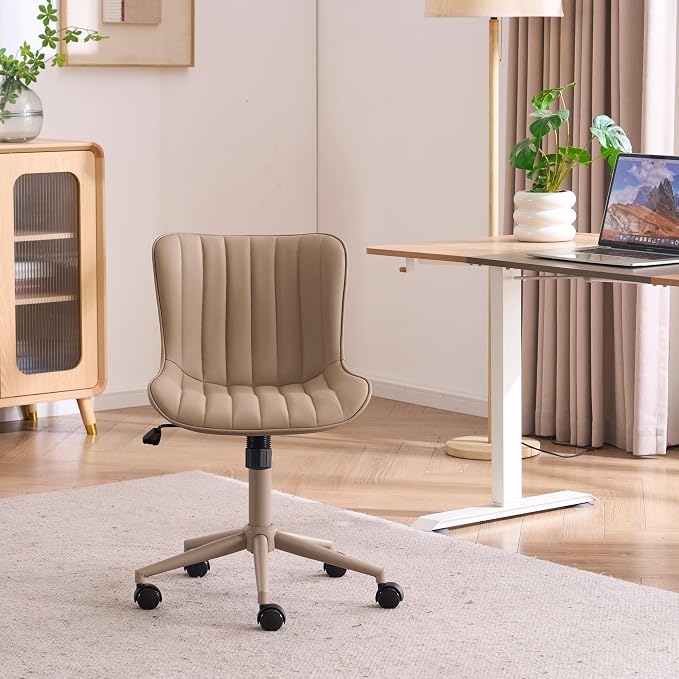 YOUNIKE Office Desk Chair with Wheels Armless Vanity Chair Ergonomic Khaki | Faux Leather Upholstered with Rocking Back, Swivel Height Adjustable, Modern Small Cute Task Chair For Sewing Drafting - Image 9