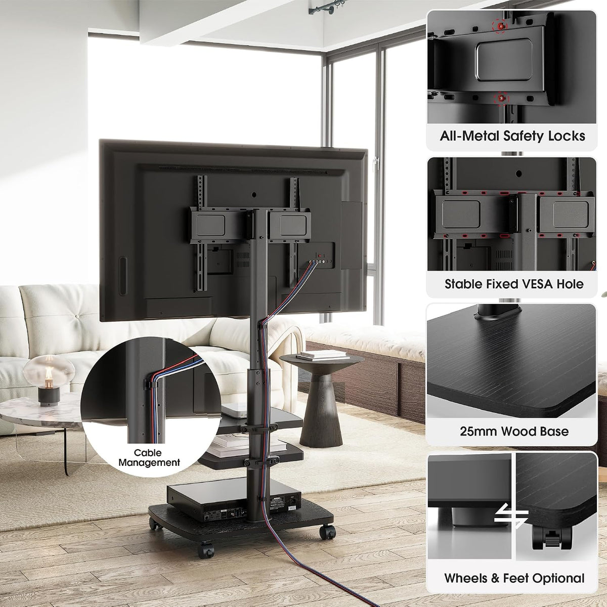 Rolling TV Stand for 32-65 Inch TVs with 2 Shelves, Mobile TV Cart on Wheels, 8-Level Height Adjustable TV Floor Stand with Swivel & Tilt Mount for Bedroom, Living Room, Office - Image 3