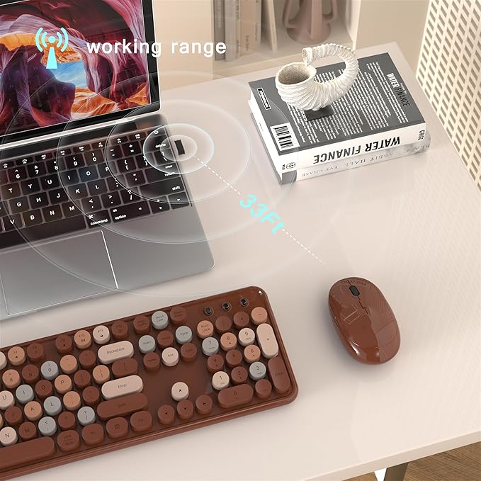 Colorful MPTOG Wireless Computer Keyboard and Mouse Combo (Coffee-Colorful) | Retro Round Typewriter Keycaps, Power Switch, Ergonomic Design, 2.4GHz Wireless for Windows, Mac, PC - Image 4