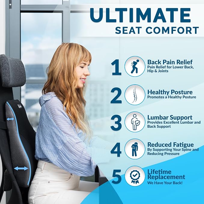 ComfiLife Lumbar Support Pillow for Office Chair – Premium Memory Foam Lumbar Pillow – Back Support for Office Chair, Car – Back Pain Relief, Improves Posture – 3 Adjustable Straps, Mesh + Leatherette - Image 2