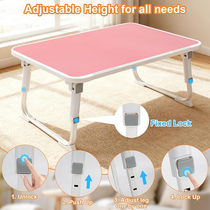 Laptop Desk for Bed, Adjustable Height Laptop Bed Table, Foldable Lap Desk with USB Charge Port, Desktop Card Slot, Side Drawer, Book Shelf, Portable Lap Tray for Eating Reading Working Sofa & Floor - Image 6