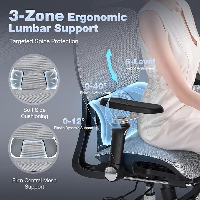 MALOL Ergonomic Office Chair, 400lbs High Back Mesh Desk Chair with 6D Armrests, 3D Headrest, Adjustable Lumbar Support, Seat Depth Adjustment, Tilt Lock, Metal Base & PU Wheels, Grey - Image 9