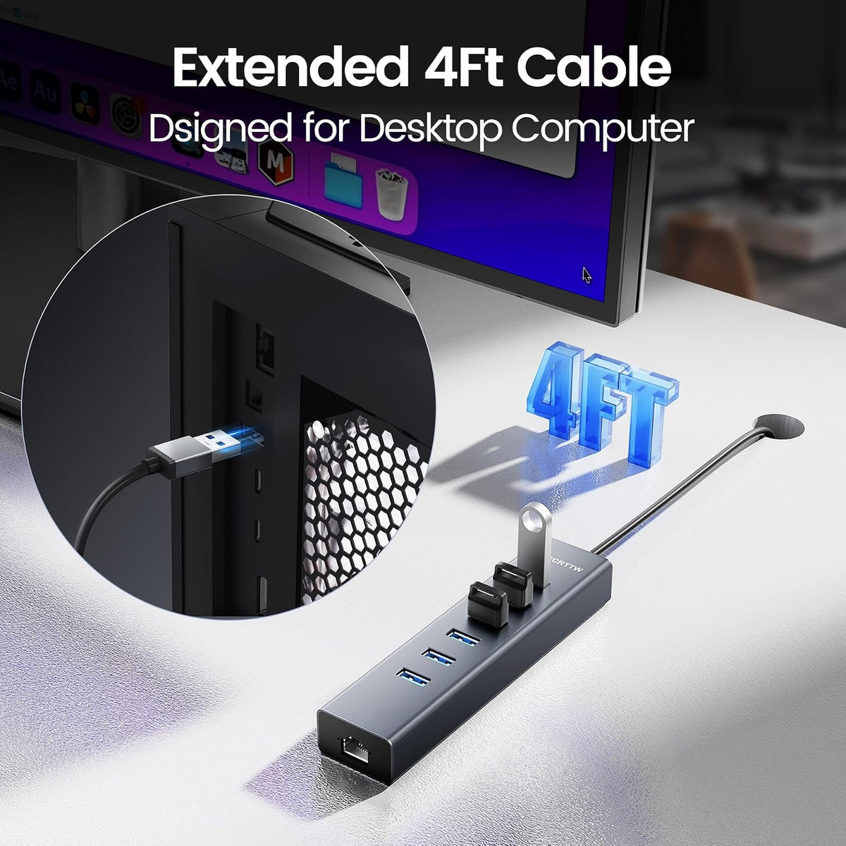 4FT USB to Ethernet Adapter with 1Gbps Ethernet & 6 USB 3.0 Port - Image 2