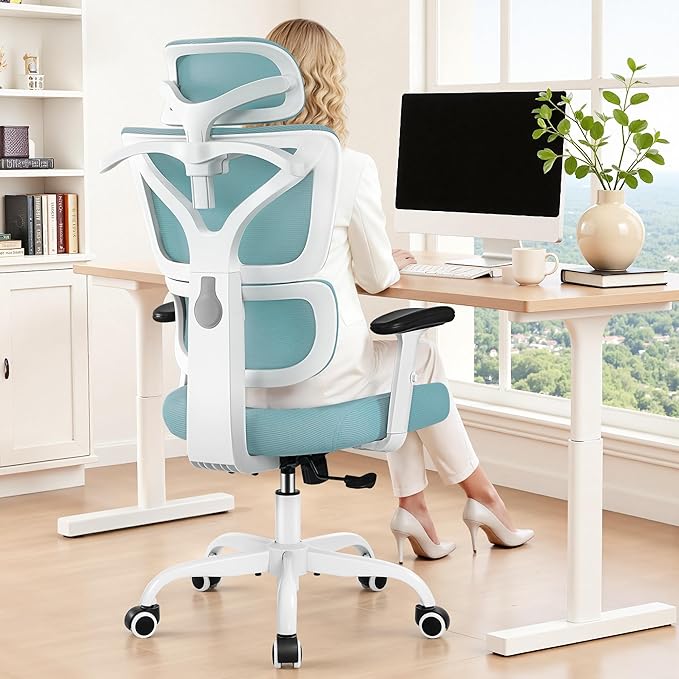 Ergonomic Office Chair High Back Desk Chair with Lumbar Support, Breathable Mesh Computer Chair with Adjustable Armrests Height, Reclining Swivel Big and Tall Gaming Chair for Home Office(Light Blue) by ALLGODOFFICECHAIR