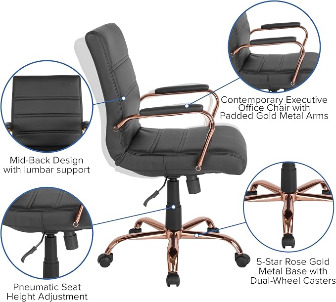 Flash Furniture Mid-Back Black LeatherSoft Executive Swivel Office Chair with Rose Gold Frame and Arms - Image 10