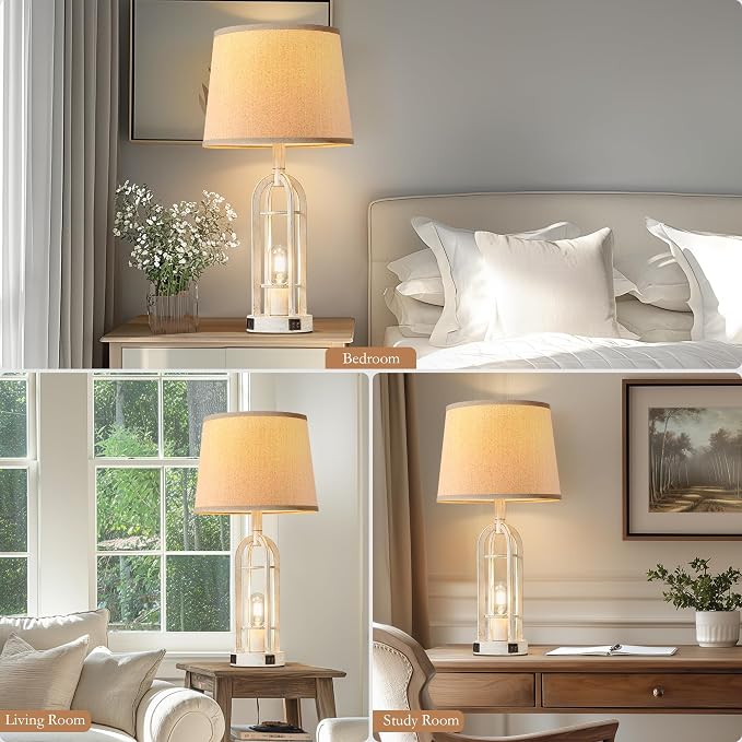 SRJJA Farmhouse Table Lamps for Living Room Set of 2 - Rustic Industrial Bedside Lamps for Bedroom Nightstand with Nightlight and USB A+C, 4 Bulbs Included - Image 4