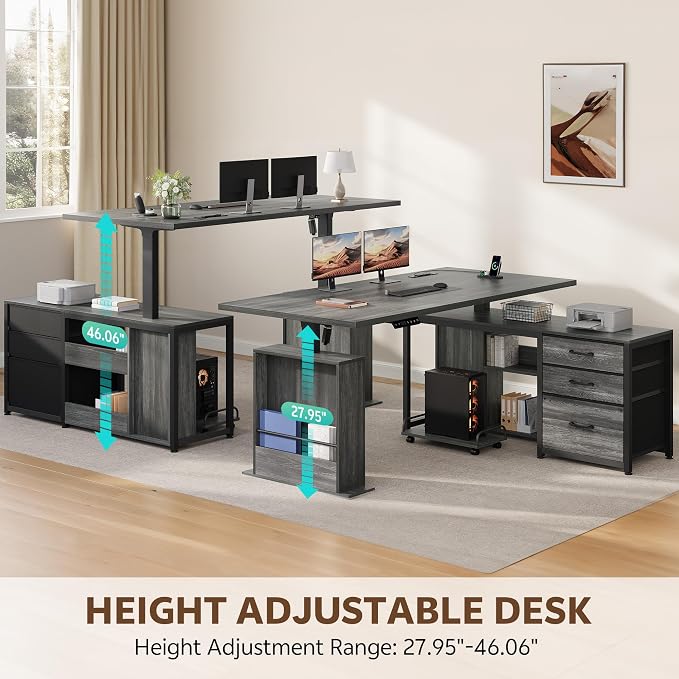 63'' L Shaped Desk with 3 Drawers Electric Standing Desks Grey | with Storage Computer Desk Adjustable Height with Power Outlets 4 Memory Presets for Home Office - Image 3