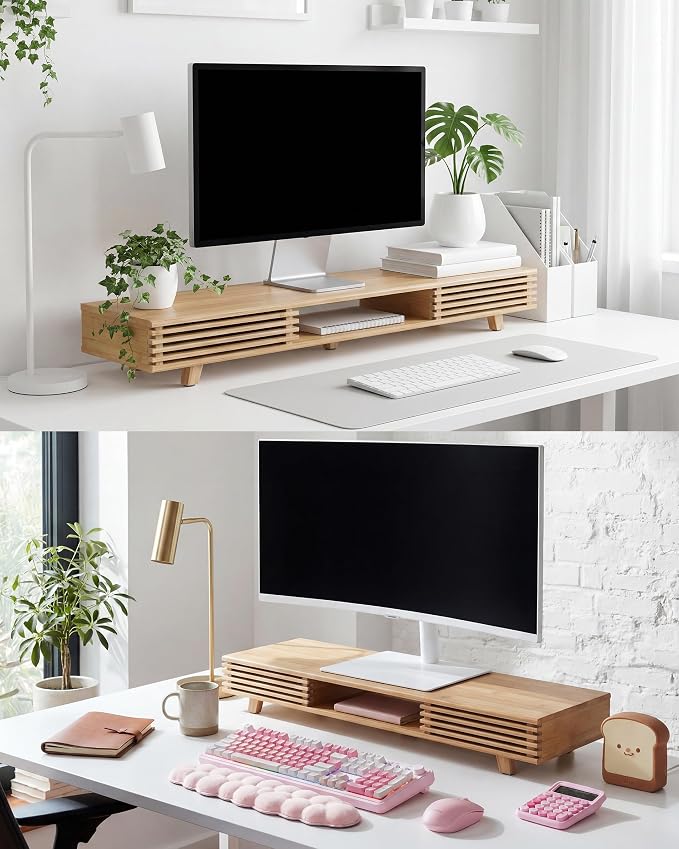 Bamboo 42” Dual Monitor Stand with Sliding Doors Desk Shelf | Ergonomic Relief Easy Assembly Solid Construction Cozy Workplace Computer Setup Desk Organizer High Load-bearing - Image 7