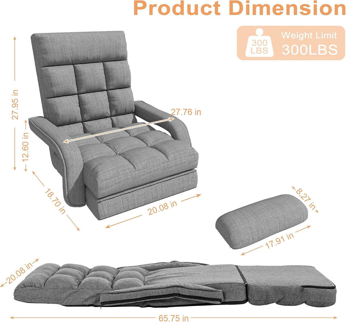 Floor Gaming Chair with 6 Adjustable Position, Foldable Lazy Sofa Chair with Armrest for Adult, Comfy Chaise Lounge Indoor, Breathable Floor Bed Sleeper for Bedroom, Yoga, Dorm - Image 2
